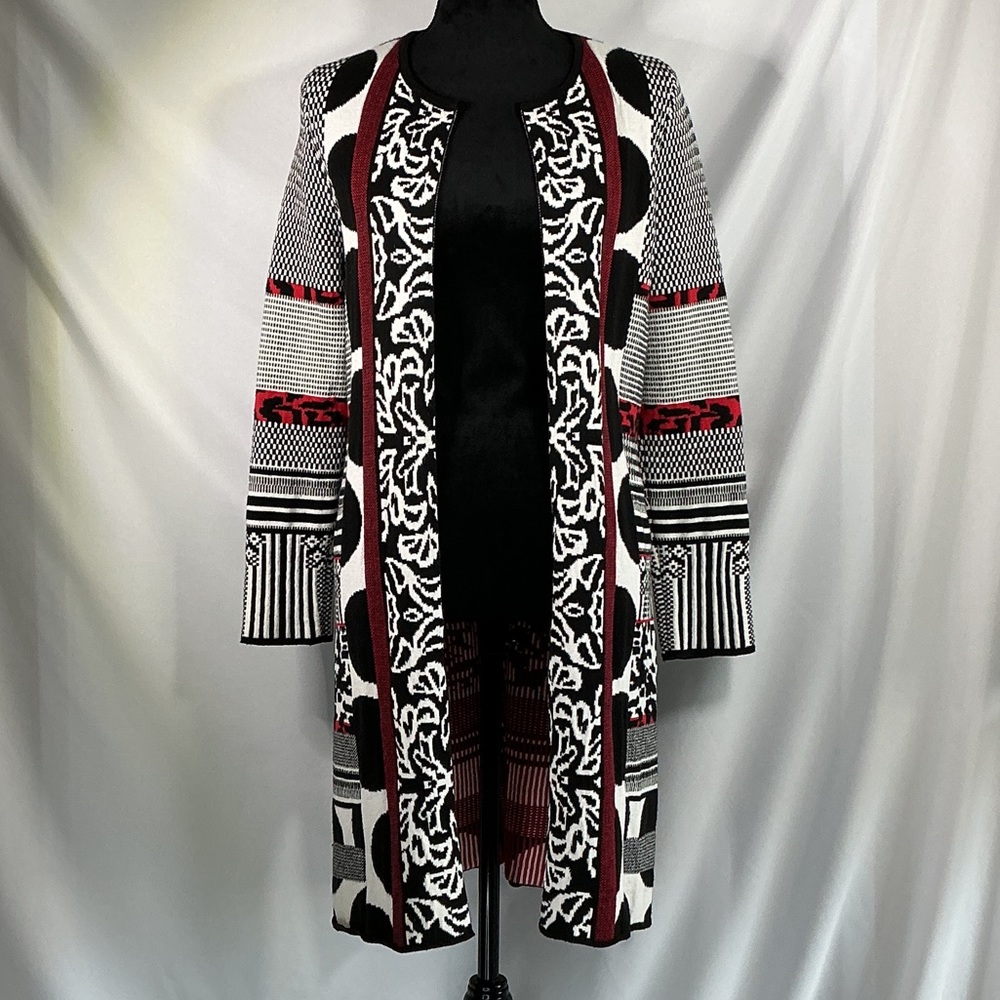 Chico's Black, White, Burgundy Open-Front Cardigan Sweater Duster Size 0.US 4/6